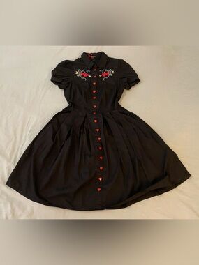 Hell Bunny Black Rockabilly Dress with Red Heart Buttons & Embroidery